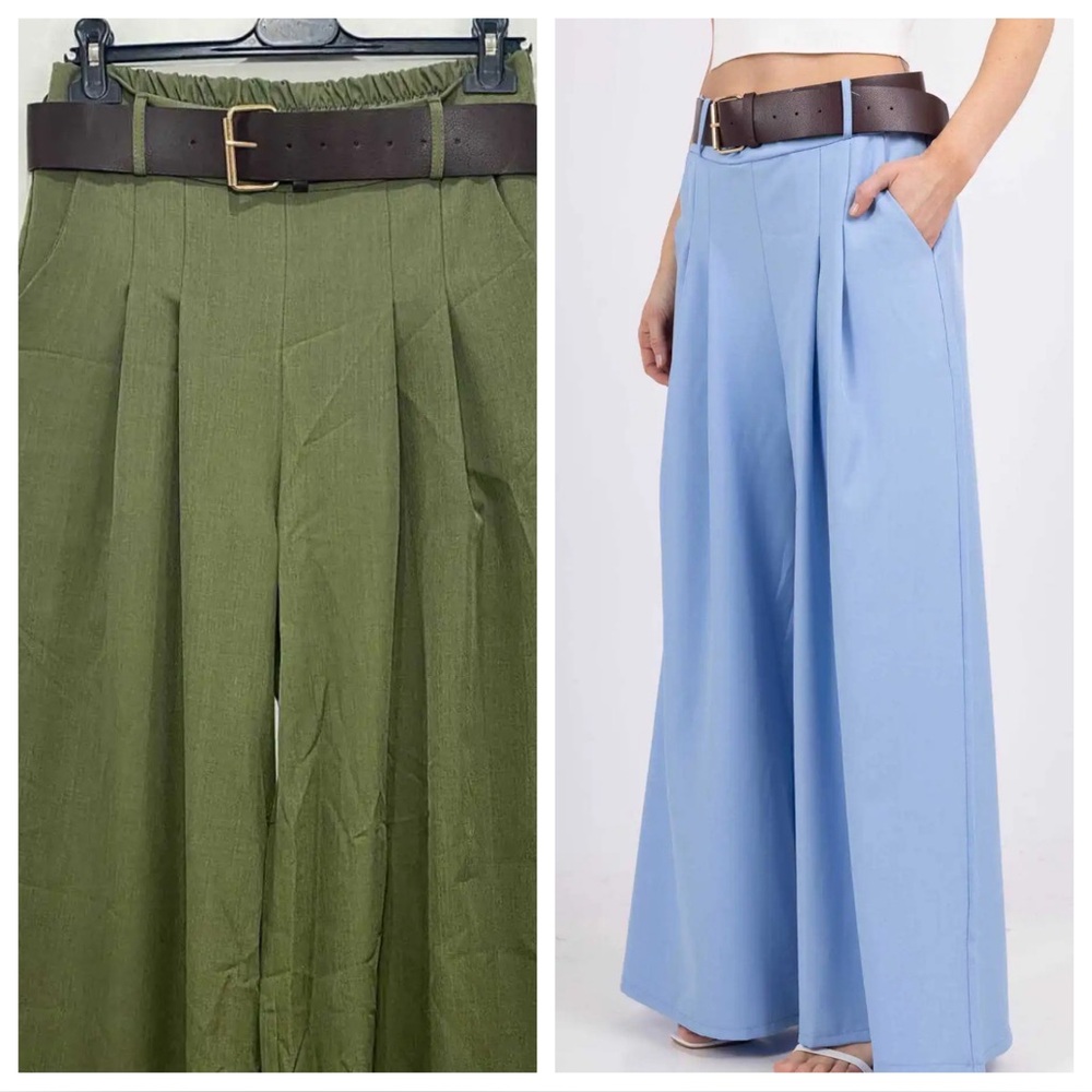 MADE IN ITALY Olive Green Wide-Leg Pants with Brown Belt